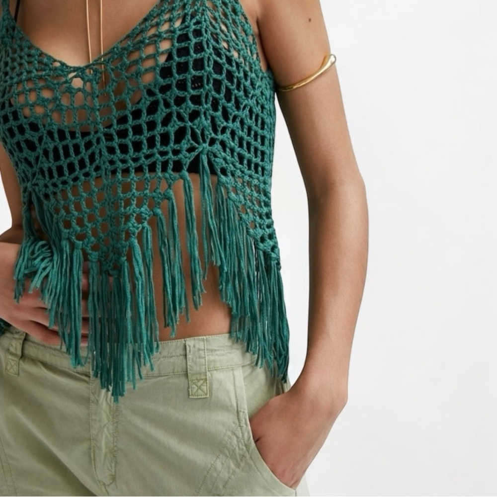 Anthropologie Crochet Tank Top w/ Adjustable Tie Straps + Tassels in Green